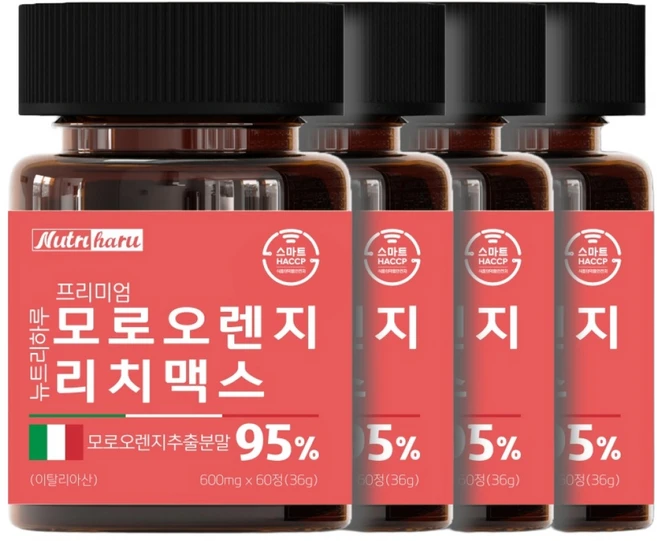 뉴트리하루 프리미엄 모로오렌지 95% C3G 식약청인증 스마트HACCP 시칠리아 고함량, 4개, 60정 - 쿠팡