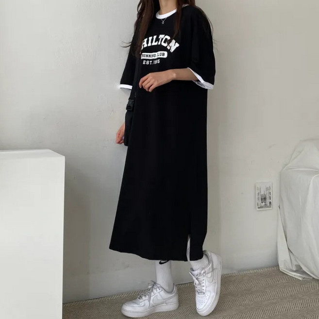 탑트레일 빅사이즈 투톤 반팔 원피스 임부복원피스 편한원피스 오버핏원피스