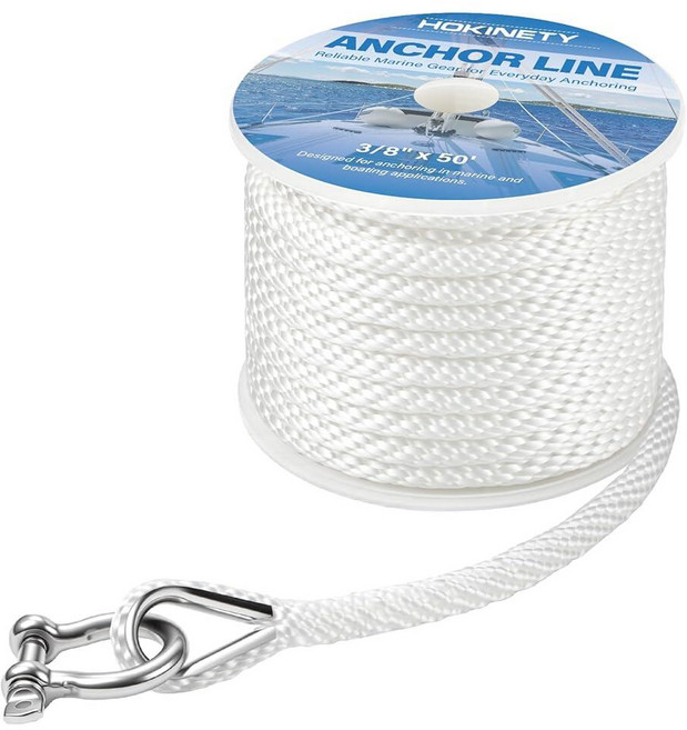 미국출고 평점4.5+ 237940 HOKINETY Boat Anchor Rope 3/8 Inch x 100FT - Marine Grade Line Premium Solid Br, 3/8"x50', White