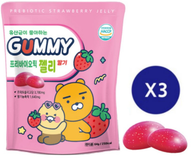 카카오프렌즈 프리바이오틱 구미 젤리 딸기맛 64g, 3개