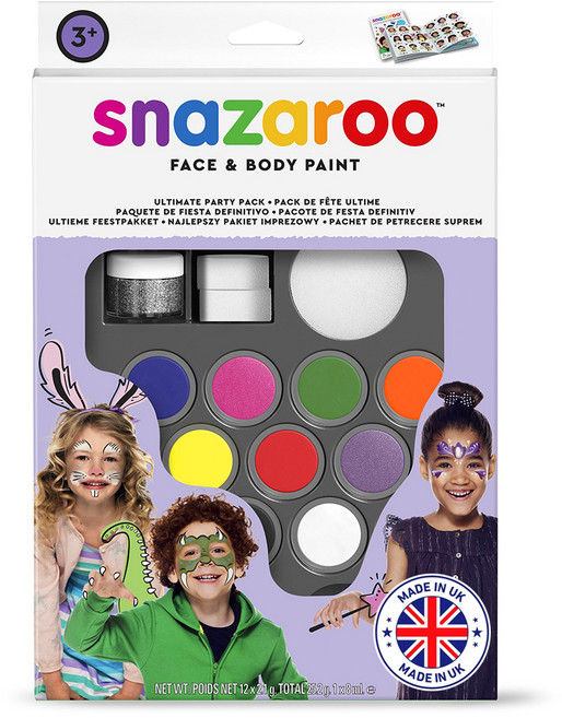 영국 스나자루 페이스페인팅 파티 세트 12색 물감+실버글리터젤+브러시스펀지 포함 미술놀이 할로윈분장 캐릭터분장, 1세트, 기본색12종실버글리터1종