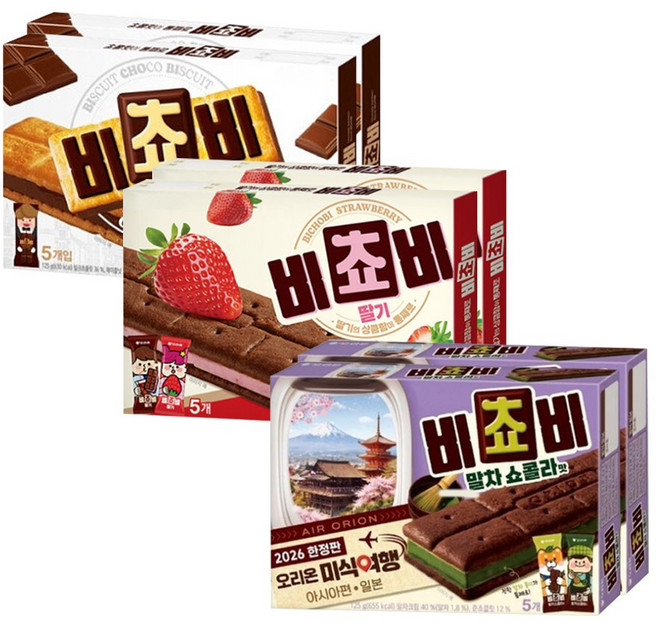 오리온 비쵸비 말차쇼콜라+딸기+초코, 2세트, 125g