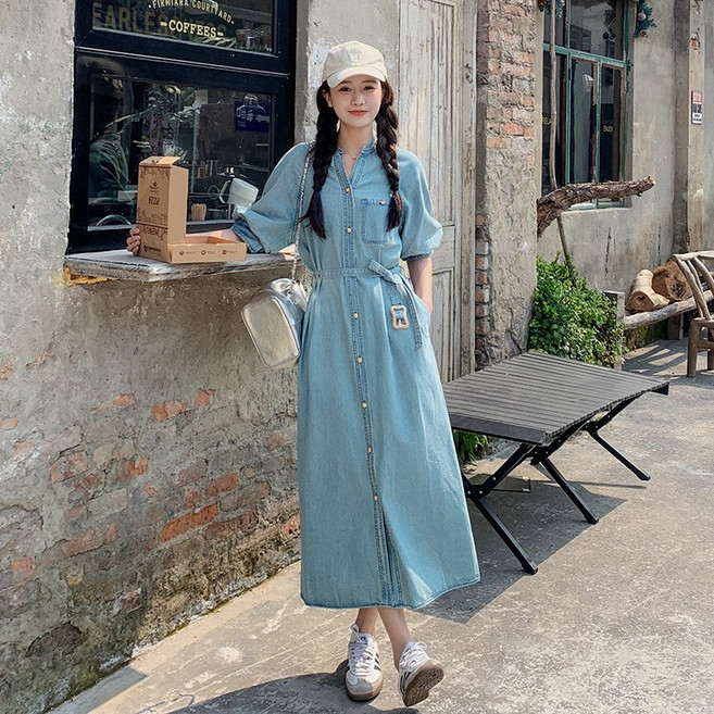 POMTOR 여성 허리 조임 슬림핏 롱 데님 원피스