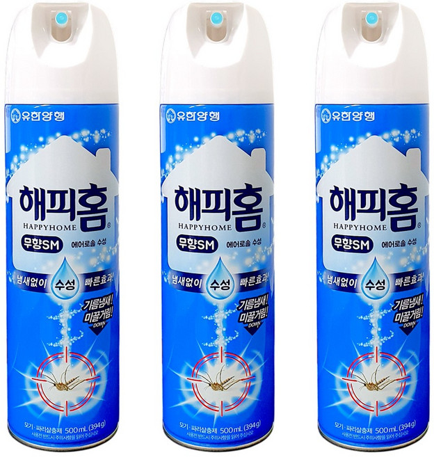 해피홈 유한양행 에어로솔 수성 살충제 무향, 500ml, 3개