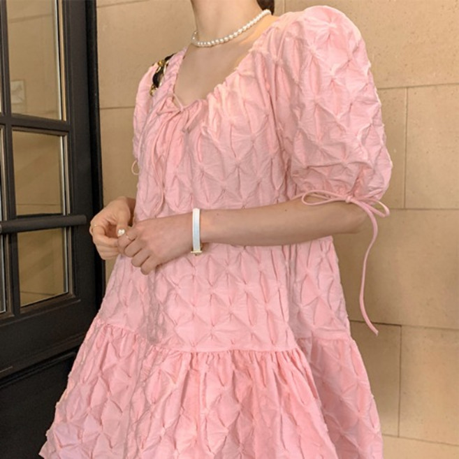 (신상)스판 빅사이즈 국내 미니 셔링 캉캉 퍼프 리본 엠보 원피스(2col)