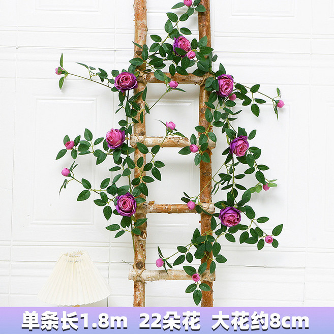 仿真玫瑰花藤條 庭院造景佈置 拍照花條 空調管道遮醜裝飾 假藤蔓, 紫色, 1個