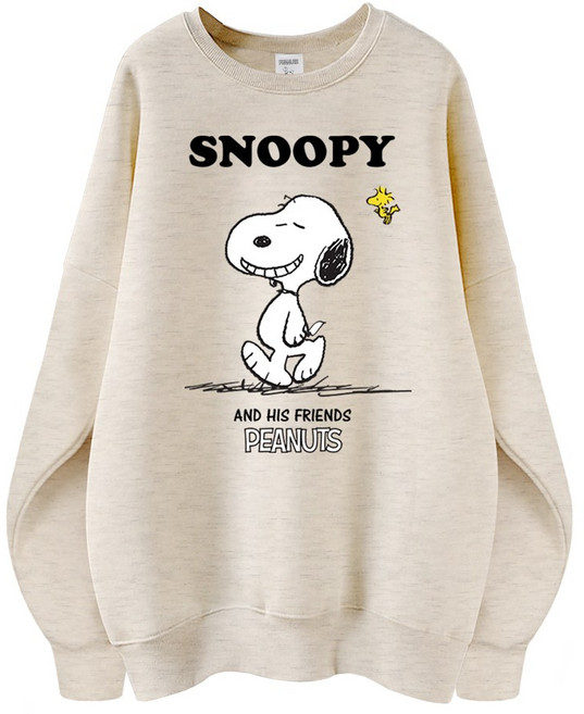 문컬렉션 스누피 정품 남녀공용 오버핏 캐릭터 라운드 맨투맨 빅사이즈 데일리 티 루즈핏 커플 티셔츠 남자 여성 롱티 단체티 해피스누피