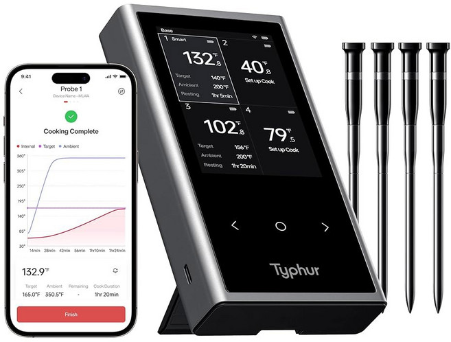 타이퍼 싱크 무선 육류 온도계 쿼드 | 4개의 프로브 6개의 센서 LCD 디스플레이 WiFi 및 블루투스 5.3 안정성 범위 개선 IPX8 방수 바비큐 그릴 스모커 오븐, 4 Probes, 1개