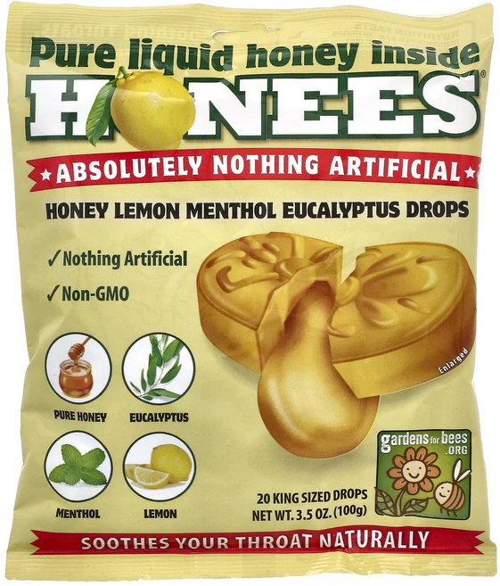 행복하고 건강하게 Honees 허니 레몬 멘톨 유칼립투스 기침 사탕 킹사이즈 사탕 20개 100g (3.5oz) 백년회로하세요, 1개 - 쿠팡