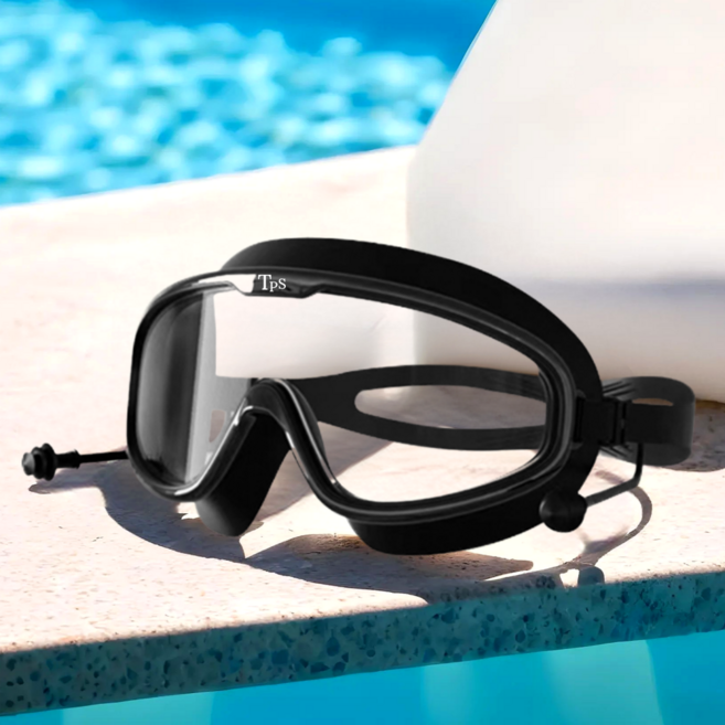 투펄슨 김서림방지 귀마개 일체형 와이드렌즈 고글 물안경 + 보관케이스, 올블랙, 1개