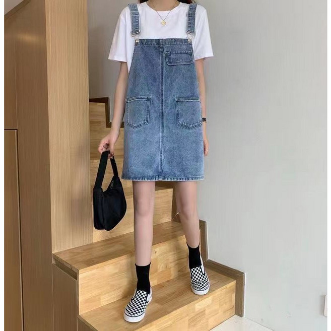 여성용 빅 사이즈 루즈핏 데님 멜빵 스커트 a라인 캐주얼 멜빵 스커트 뉴타임즈 F25402