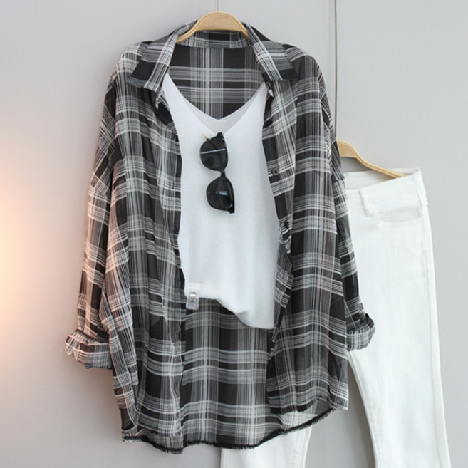 달콩 여성 빅사이즈 루즈핏 여름셔츠 자외선차단 쿨체크시스루롱셔츠