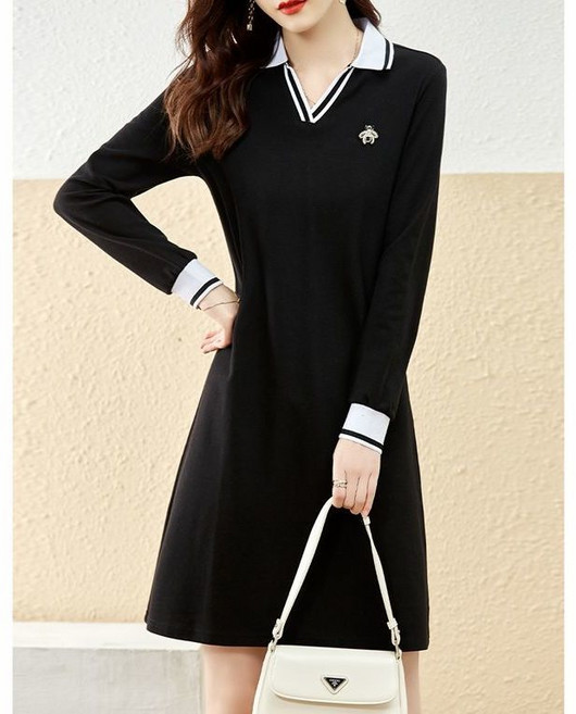 COSYEVNO 카라넥 원피스 루즈핏 캐주얼 봄 여성 긴팔 미디스커트