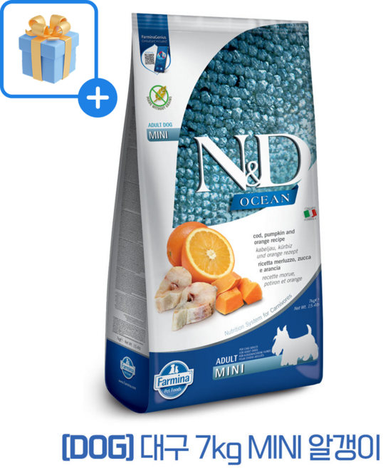 파미나 N&D 오션 DOG 대구&오렌지 7kg MINI 알갱이 + 닥터얼라이브 닭츄 랜덤 1P, 1개, 해산물