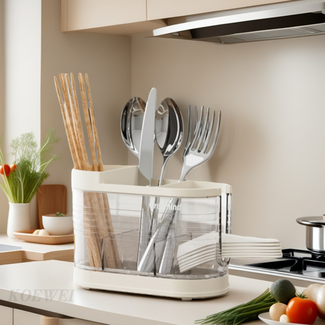 KOEWEI 다기능 수저꽂이 물빠짐 수저통 칸막이 수납 수저정리함, 1개, 베이지