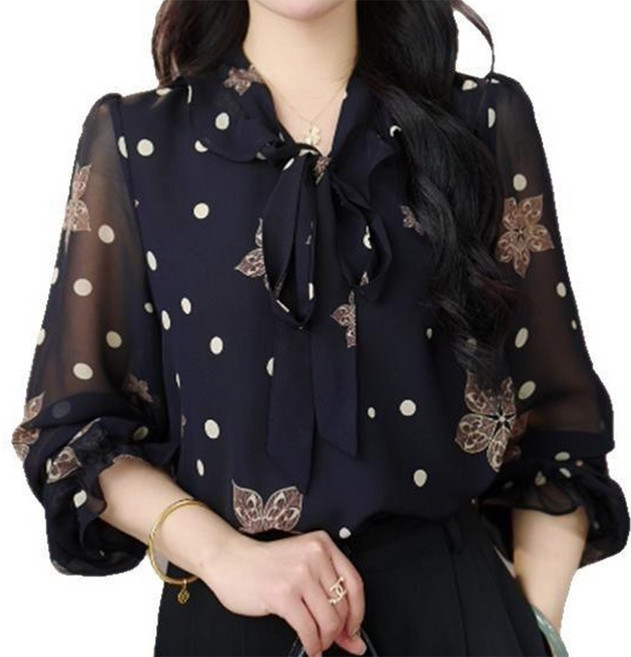 동방 중년 여성 여자 쉬폰 시스루 리본 블라우스 셔츠 빅사이즈 5xl까지