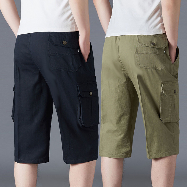 1+1 중년 남성 반바지 봄 여름 루즈핏 얇은 7부 팬츠 캐주얼 하이웨이스트 밴딩 카고 반바지 CY