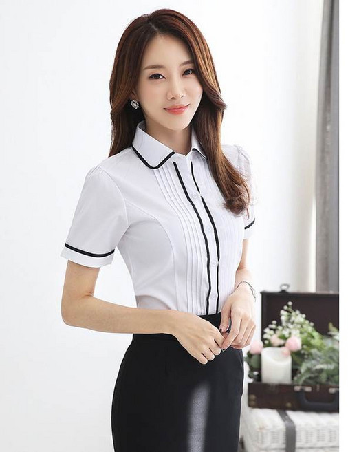 白色短袖OL襯衫 經典黑邊設計 職業商務上衣