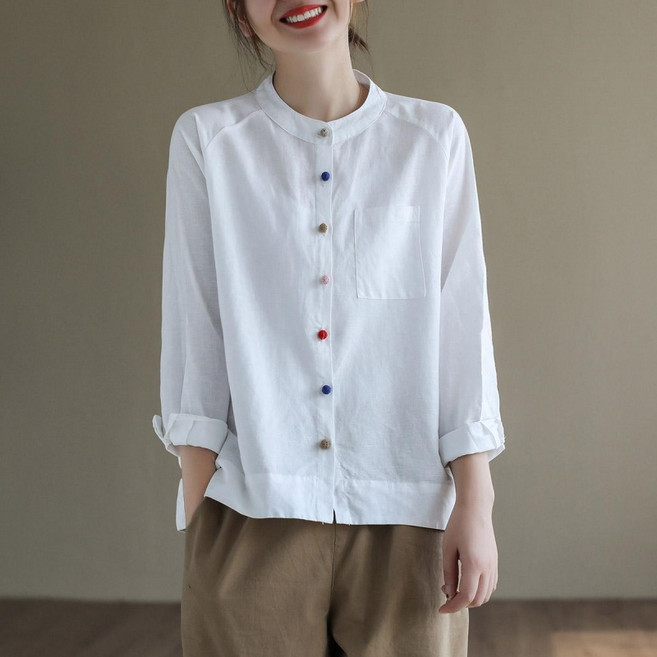 Makone 여성 헨리넥 린넨 캐주얼 코디네이터 라글란 소매 루즈핏 심플 긴소매 블라우스 솔리드