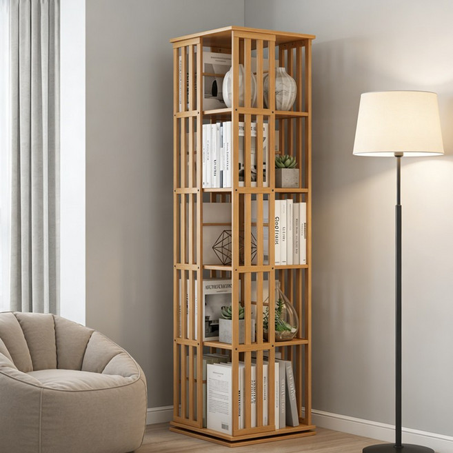 쿠리브 원목색 회전 책장 360도 대용량 거실 서재 다기능 책꽂이 수납장, 5단, 원목