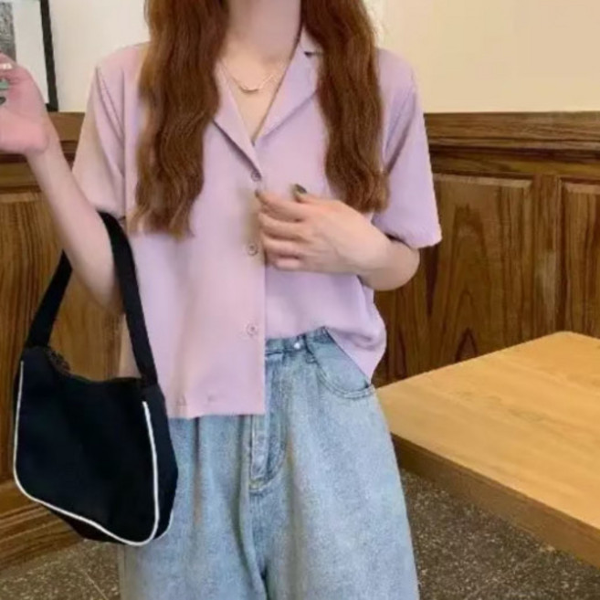 學院風 複古韓版 夏季短袖 女 純色翻領上衣