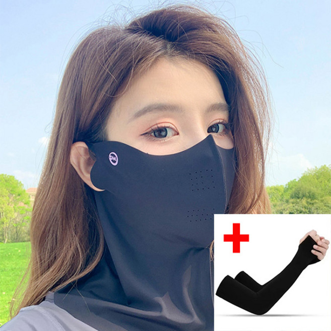 와이드 자외선차단 얼굴 목보호 쿨링마스크와 손등커버형 심리스 팔토시 2세트, Black