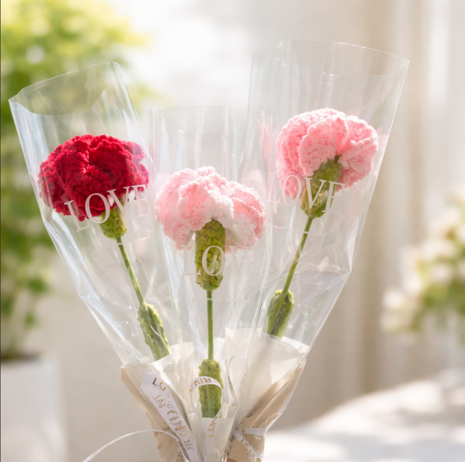 뚱보 실크 카네이션 뜨개꽃 시들지 않는 졸업식 꽃, 2개, 레드 카네이션