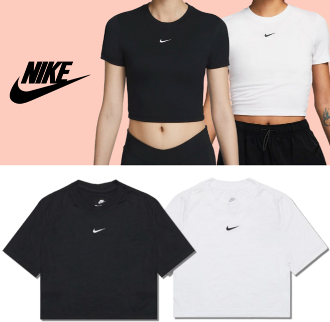 [100%정품/당일출고] 나이키 우먼스 에센셜 크롭 반팔 티셔츠 여성용 기능성 슬림핏 숏슬리브 면티 쫄티