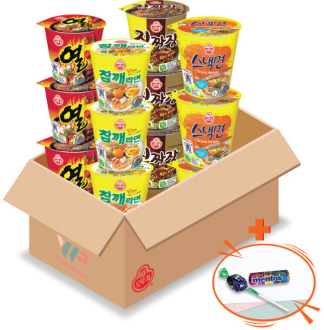 오뚜기 컵라면 소컵 4종 혼합세트 진짜장 3컵+참깨라면 3컵+스낵면 3컵+열라면 3컵 총 12컵 미니 맨토스+투시팝 사탕 사은품 2종 증정, 1개