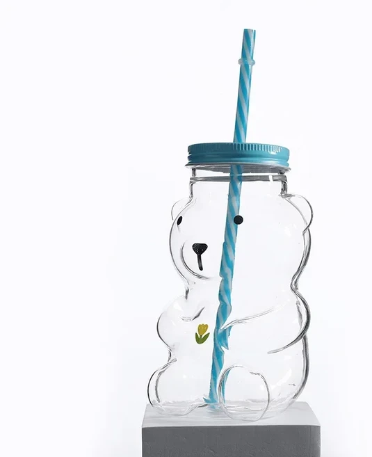500ml 곰 유리 빨대컵 내열성 귀여운 주스/커피/우유컵 인스타그램에 어울리는 고붕규산, 01 Bear