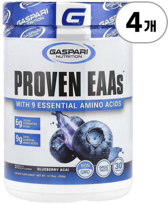 가스파리 뉴트리션 프로븐 EAA (9종 필수 아미노산) 블루베리 Gaspari Nutrition Proven EAAs™ with 9 Essential Amino Acids Bl, 4개