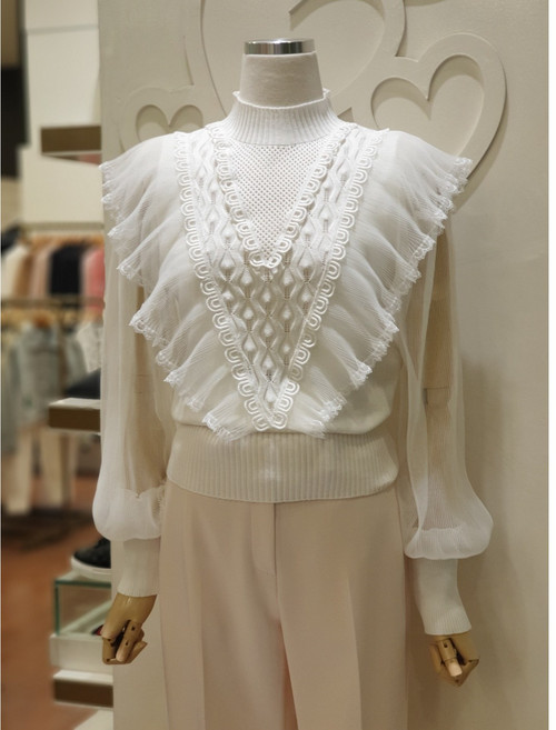 샤틴 프릴 시스루 배색 니트 블라우스