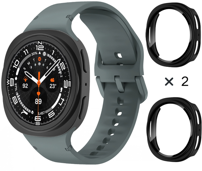 갤럭시워치 호환 8 7 6 5 4 스포츠 실리콘 스트랩 + 보호 PC강화유리 풀커버 케이스 2개입, 새그레이/블랙