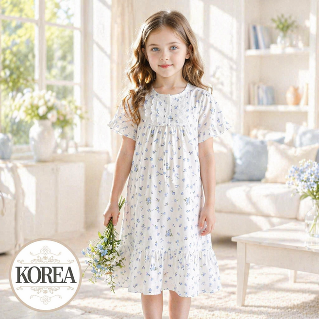 아동 순면 잠옷 여아 공주 파자마 반팔 여름 원피스 하늘꽃D
