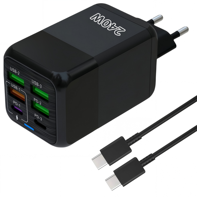 6in1 c타입 고속 충전기 240W 4USB+2PD3.0 + C TO C 1M 100w 케이블 세트CDT16888, 1세트, 블랙