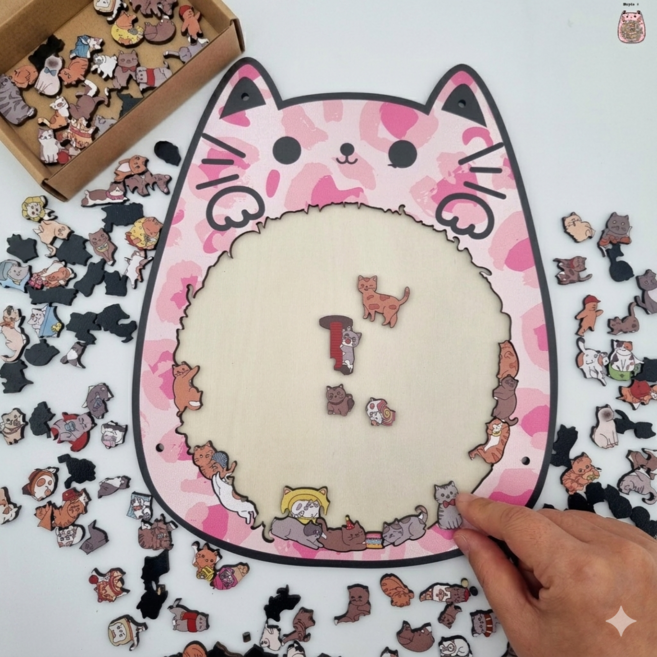 멍냥코코 귀여운 고양이 우드 퍼즐 직소퍼즐, 1세트, 딸기우유냥(일반형), 135피스