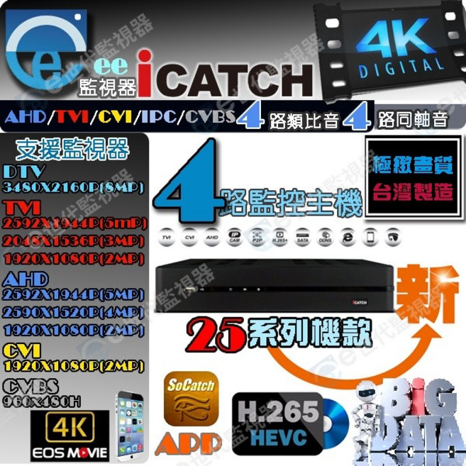 iCATCH 4路 4K 800萬 H.265 監視器監控主機 頂規版 4收音 4同軸收音, 1個, 可取4路4K監控主機, 可取4路4K監控主機