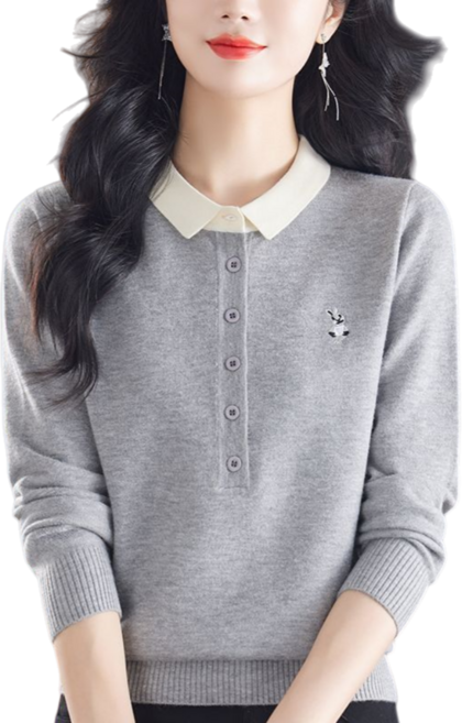 Makone 여성 카라 긴팔 단추 포인트 니트 티 셔츠