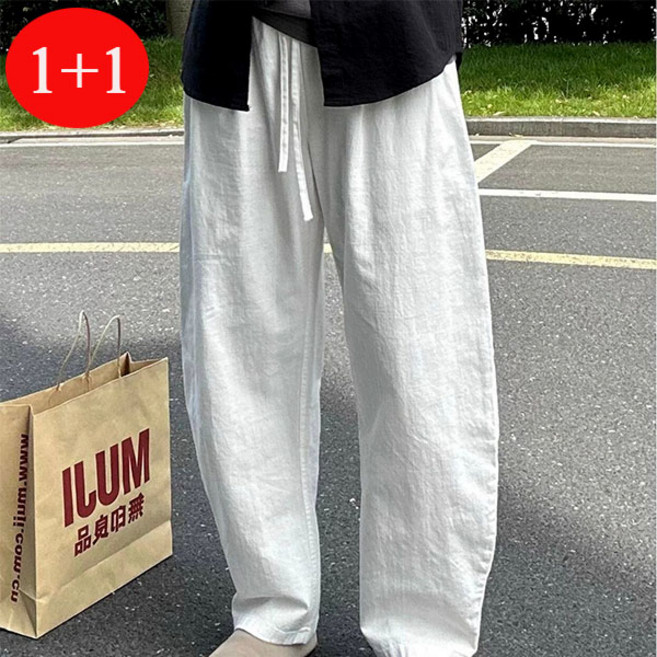 FINE ART 1+1 남자 빅사이즈 린넨 바지 면마 와이드팬츠 얇은 배기 바지 여름 통바지 오버핏 슬랙스 L~5XL