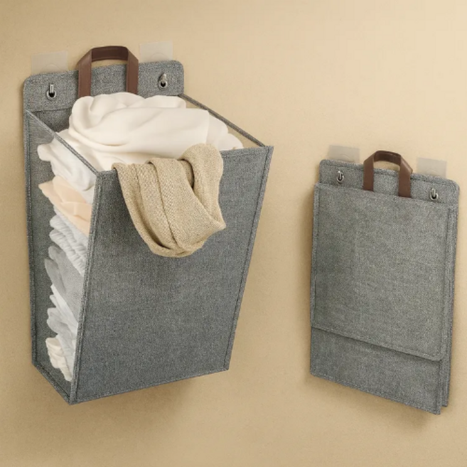 공색 벽부착 접이식 다용도 빨래바구니, 그레이