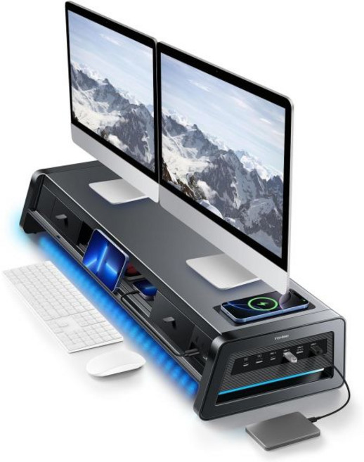 Vaydeer 올인원 듀얼 모니터 스탠드 라이저 2개의 서랍 8USB 포트 및 모니터용 LED 조명 스트립이 있는 무선 충전 패드 PC용 데스크 오거나이저 iMac금속 39.3, 1개, Black