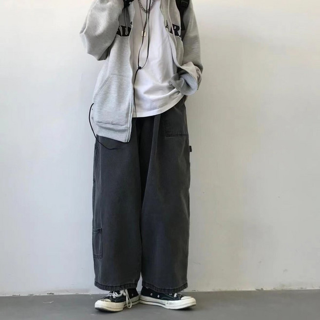 日系復古煙灰色工裝牛仔褲男女超寬鬆大碼鬆緊腰時尚百搭闊腿褲潮