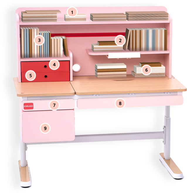 에스메라다 어린이 바른자세 초등학생 책상 높이각도 조절 대용량, 세이지 핑크