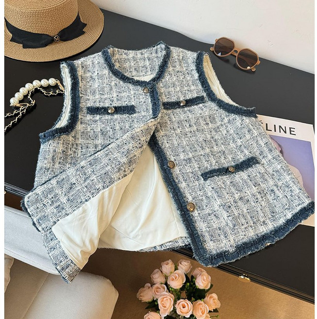 여성 프렌치룩 시크 조끼 봄 가을 고급 기질 트위드 민소매 베스트 아우터 여자 춘추 패션 트렌드 나시 코트 LJX