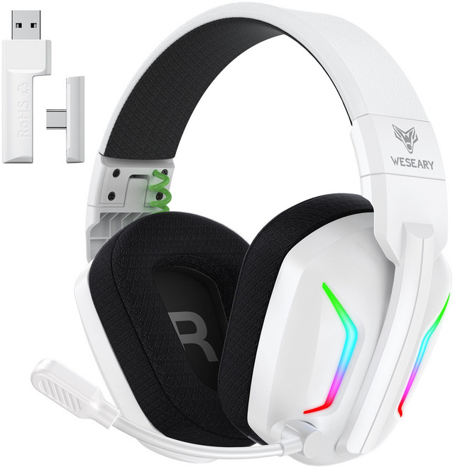 WESEARY WG1 무선 게이밍 헤드셋 3D 사운드 초경량 헤드폰 1200mAh 배터리 블루투스 5.4 노이즈 캔슬링 마이크, 화이트 블랙