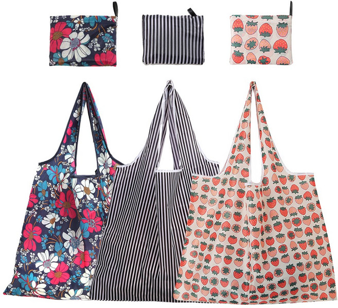 대형 포켓 시장가방 접이식 장바구니, 1세트, 레드국화+딸기+스트라이프