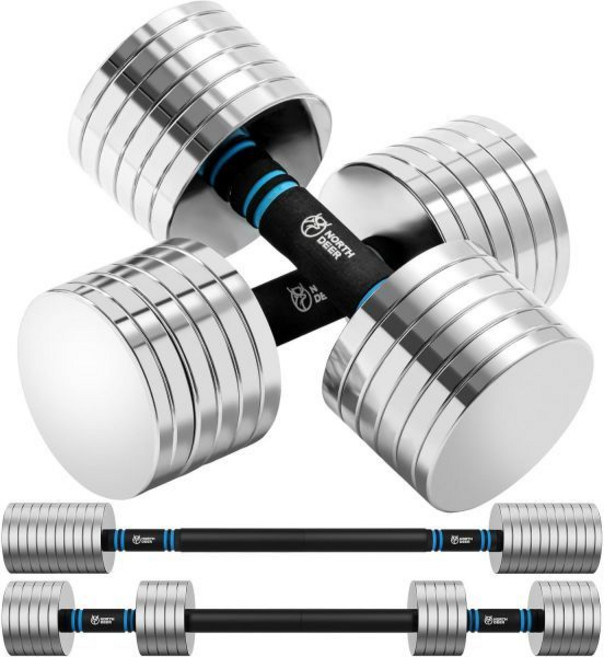 노스디어 조절식 덤벨 소형 스틸 조절 가능 5.5 - 55.1파운드(2.5 25kg) 크롬 도금 가정용 샌드블라스트 버전 22.0파운드(10kg) 33.1파운드, Silver, 33.1 lbs (15 kg) x 2 pcs + Bar