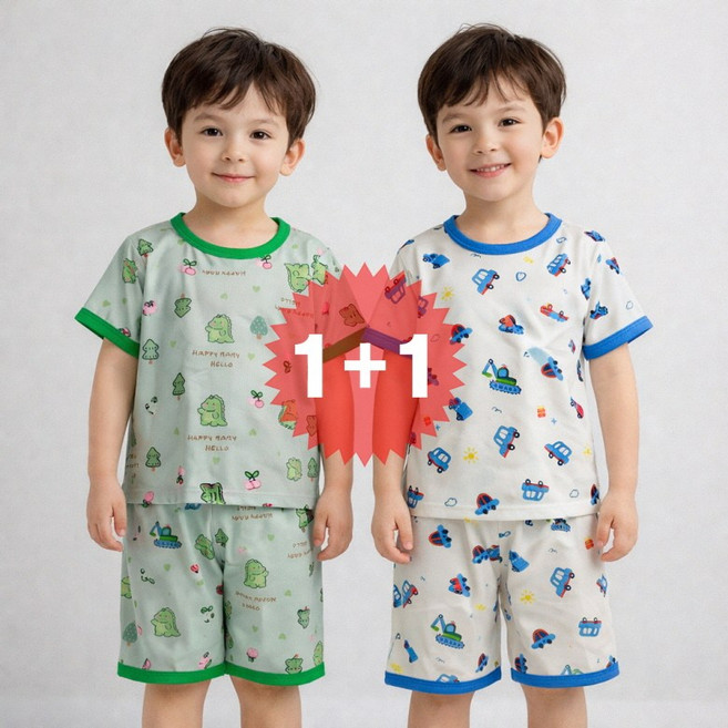 지디오 키즈 남아 여름 잠옷 2개 세트 공룡 자동차 반팔 반바지 파자마 시원한 냉감 홈웨어 상하의 실내복