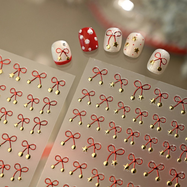 키라데이 레드 리본 골드 포인트 네일스티커, 1개, 레드골드