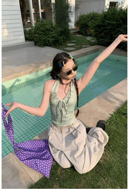 good 領掛脖吊帶背心女夏季撞色抽繩顯瘦短上衣